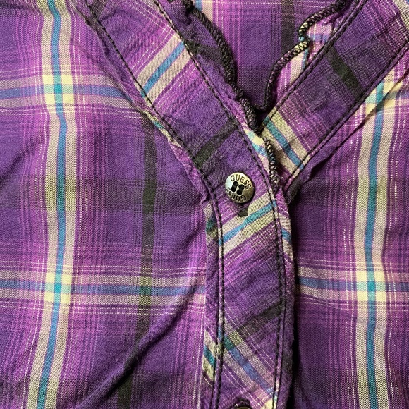 Guess Purple‎ Plaid Button Down Shirt 3/4 Sleeve  M - Picture 7 of 11